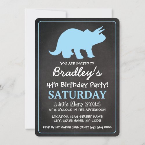 Dinosaur Boys Blue Chalkboard Birthday Party Invitation