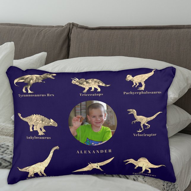 Dinosaur Boys Personalized Name and Photo Blue Accent Pillow (Dinosaur boys personalized name and photo educational dinos with names navy blue pillow)
