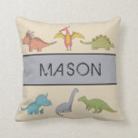 Dinosaur Boys Room Personalized Name Pillow<br><div class="desc">Adorable dinosaur theme throw pillow for you son's bedding. Front side of pillow features cute dinosaurs with your child's name. Reverse side of pillow is dinosaur pattern design on beige background. The background color of this design can be changed from beige to white, navy blue, black or any other color...</div>