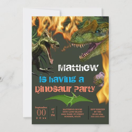 Dinosaur boys theme birthday party t_rex flames  invitation