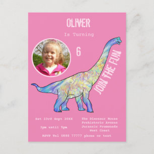Dinosaur Brachiosaurus Girls Birthday Pink Photo Invitation Postcard