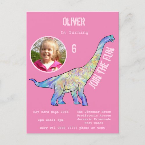 Dinosaur Brachiosaurus Girls Birthday Pink Photo Invitation Postcard