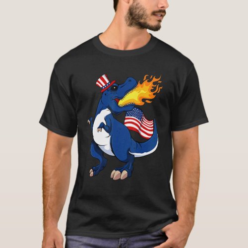 Dinosaur Breathing Fire 4th Of July Rex American F T_Shirt