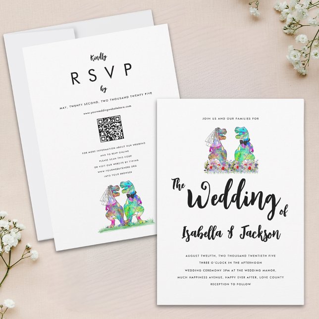 Dinosaur Bride and Groom Boho Wildflower Wedding Invitation (Fun dinosaur bride and groom boho wildflower wedding invitation qr code colorful watercolor florals)