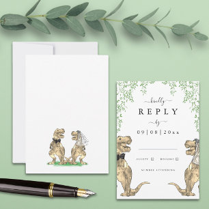 Dinosaur Bride and Groom Botanical Wedding Reply RSVP Card