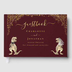Dinosaur Bride and Groom Burgundy Wedding Gold Foil Guest Book