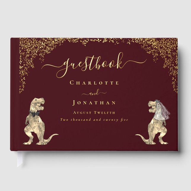 Dinosaur Bride and Groom Burgundy Wedding Gold Foil Guest Book (Front)