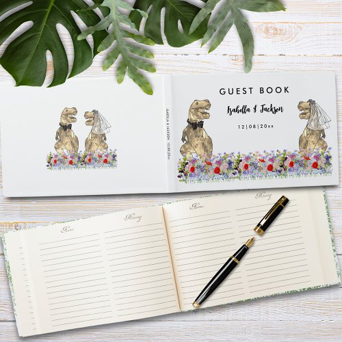 Dinosaur Bride and Groom colorful Wildflowers Guest Book