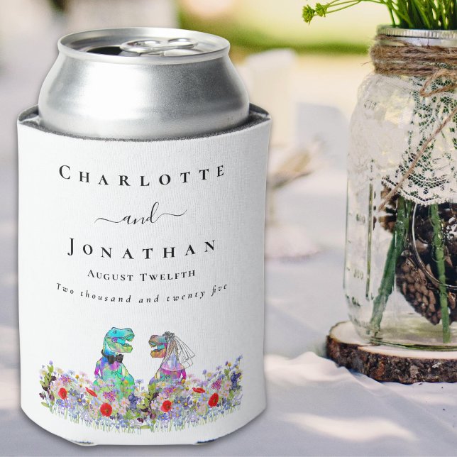 Dinosaur Bride and Groom Custom Wedding Can Cooler (Funny colorful Dinosaur bride and groom custom wedding can coolers watercolor wildflower meadow)