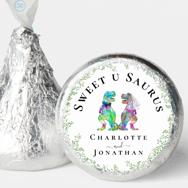 Dinosaur Bride and Groom Custom Wedding Hershey®'s Kisses® (Dinosaur bride and groom wedding custom candy favor Colorful T-Rex dino watercolor foliage)
