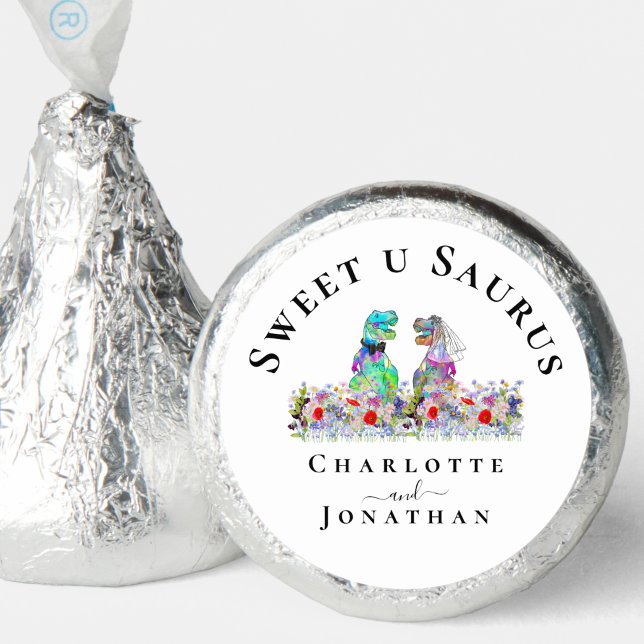 Dinosaur Bride and Groom Custom Wedding Hershey®'s Kisses® (Dinosaur bride and groom custom wedding candy favor Watercolor wildflower garden meadow florals )