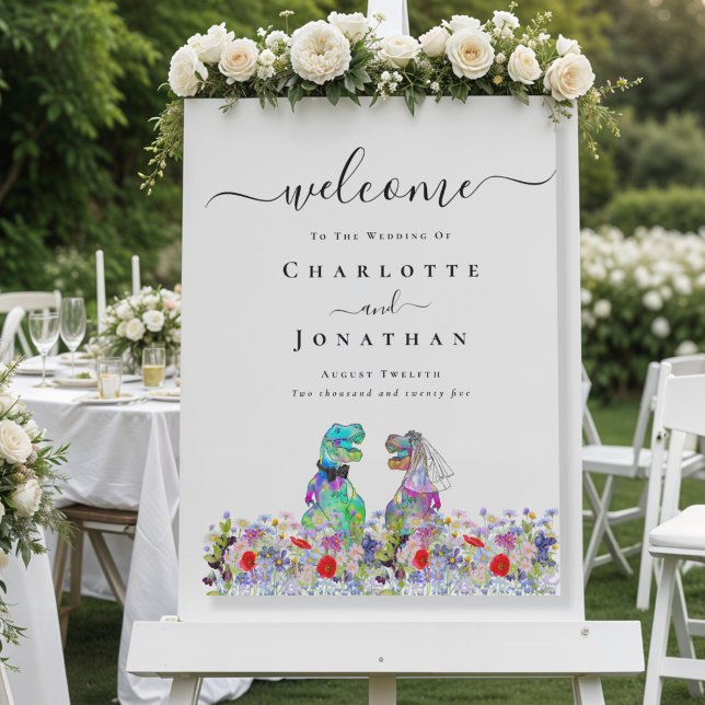 Dinosaur Bride And Groom Custom Wedding Welcome Foam Board (Colorful Dinosaur bride and groom wedding welcome sign poster watercolor wildflower vibrant florals)