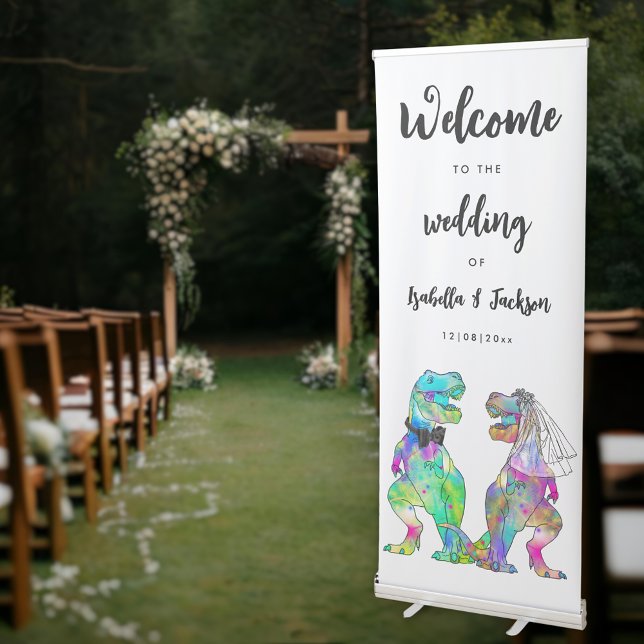 Dinosaur Bride and Groom Custom Wedding Welcome  Retractable Banner (Colorful dinosaur bride and groom wedding welcome custom retractable banner )