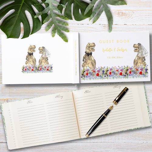 Dinosaur Bride and Groom Floral Wedding Gold Foil Foil Guest Book