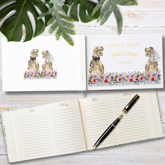 Dinosaur Bride and Groom Floral Wedding Gold Foil Guest Book (Dinosaur bride and groom Jurassic watercolor floral gold foil dino wedding guest book)