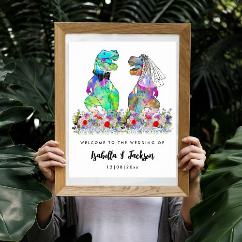 Dinosaur Bride and Groom Floral Wedding Welcome Poster