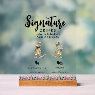 Dinosaur Bride and Groom Signature Drinks Wedding Acrylic Sign