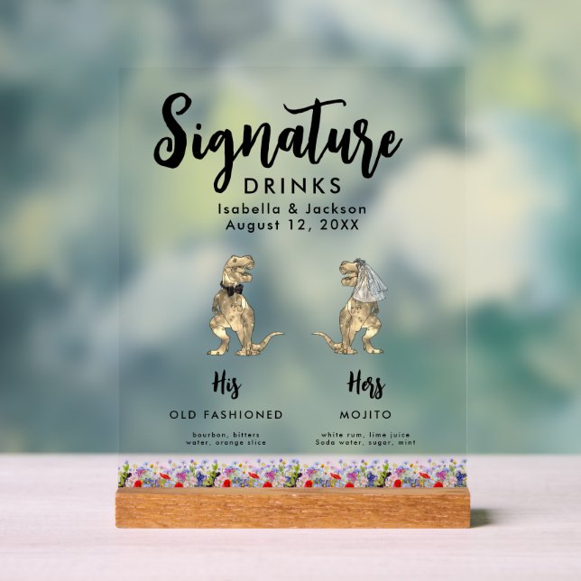 Dinosaur Bride and Groom Signature Drinks Wedding Acrylic Sign (Neutral)
