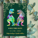 Dinosaur Bride and Groom Weddding Green Gold Foil Invitation