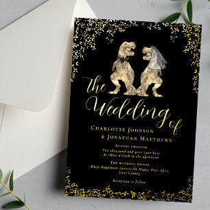 Dinosaur Bride and Groom Wedding Black and Gold Foil Invitation