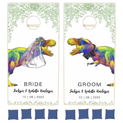 Dinosaur Bride and Groom Wedding Blue Cornhole Set