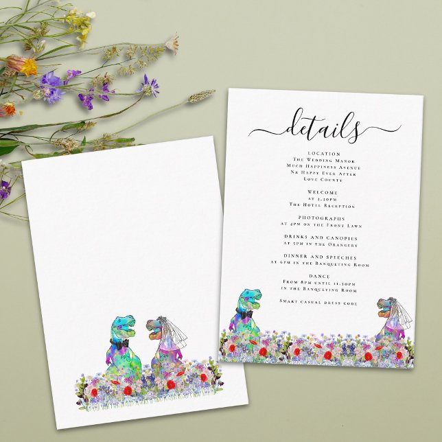 Dinosaur Bride and Groom Wedding Details Enclosure Card (T-Rex bride and groom funny dinosaur wedding details enclosure card Colorful watercolor wildflowers)