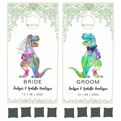 Dinosaur Bride and Groom Wedding Greenery Cornhole Set