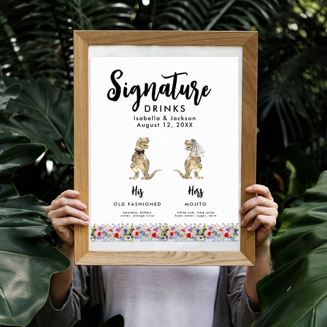 Dinosaur Bride and Groom Wedding Signature Drinks Poster (Fun Dinosaur bride and groom signature drinks wedding bar menu poster)
