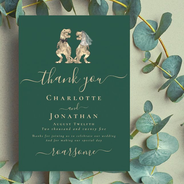 Dinosaur Bride and Groom Wedding Thank You Card (Dinosaur wedding dark green elegant modern thank you card fun T-Rex dino bride and groom)