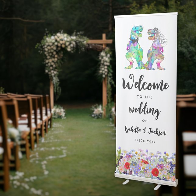 Dinosaur Bride and Groom Wedding Welcome  Retractable Banner (T-Rex bride and groom colorful wildflower dinosaur wedding welcome custom retractable banner)