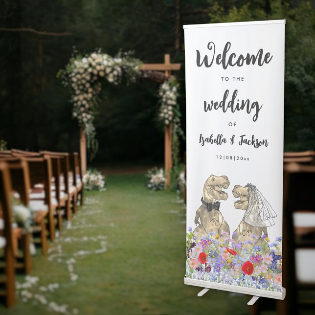 Dinosaur Bride and Groom Wedding Welcome Retractable Banner (Dinosaur bride and groom dino wedding welcome retractable banner with colorful wildflowers )