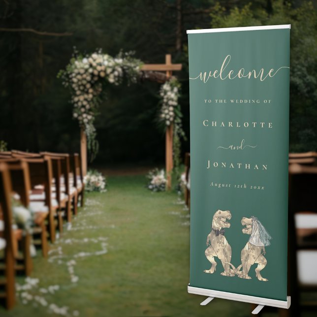 Dinosaur Bride and Groom Wedding Welcome Sign (Dinosaur theme wedding welcome sign dark green retractable banner Fun T-Rex bride and groom dinos )