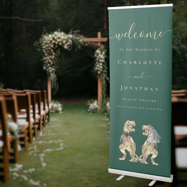 Dinosaur Bride and Groom Wedding Welcome Sign (Dinosaur wedding welcome dark green sign T-Rex dino bride and groom elegant modern script)