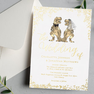 Dinosaur Bride and Groom Wedding White and Gold Foil Invitation