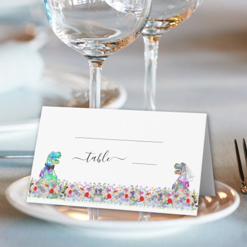 Dinosaur Bride and Groom Wedding Wildflower Floral Place Card