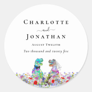Dinosaur Bride & Groom Custom Boho Floral Wedding Classic Round Sticker