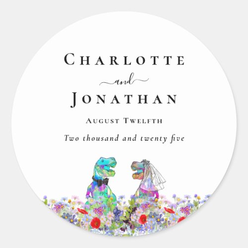 Dinosaur Bride & Groom Custom Boho Floral Wedding Classic Round Sticker
