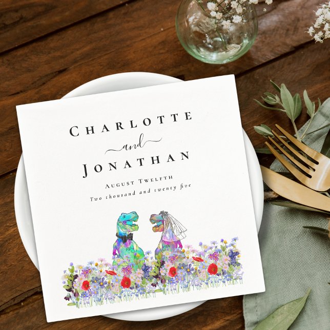Dinosaur Bride & Groom Custom Wedding Napkins (Dinosaur bride and groom custom wedding napkins Watercolor wildflower meadow vibrant colorful floral)