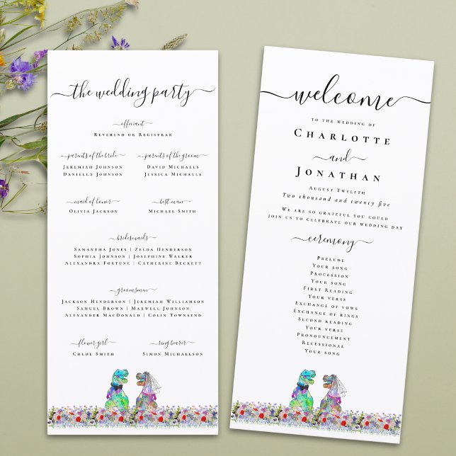Dinosaur Bride & Groom Custom Wedding Program (Colorful T-Rex bride and groom funny dinosaur wedding ceremony program card Wildflower meadow)