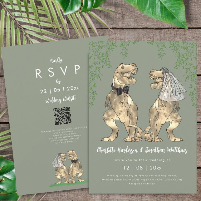 Dinosaur Bride & Groom Sage Green Wedding QR Code  Invitation (T-Rex bride and groom dinosaur sage green wedding qr code invitation )