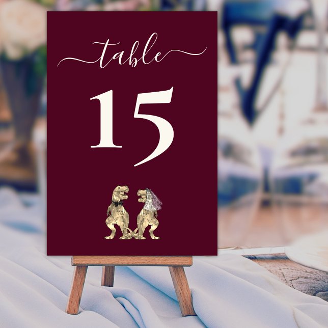 Dinosaur Bride & Groom Wedding Burgundy & Cream Table Number (Dinosaur wedding burgundy & cream custom table number card T-Rex bride & groom elegant modern script)