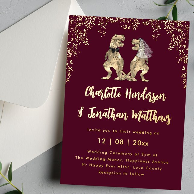Dinosaur Bride & Groom Wedding Burgundy & Gold Foil Invitation (Dinosaur T-Rex bride and groom burgundy and gold foil wedding invitation )