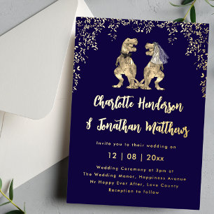 Dinosaur Bride & Groom Wedding Navy Blue & Gold Foil Invitation