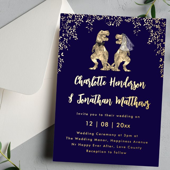 Dinosaur Bride & Groom Wedding Navy Blue & Gold Foil Invitation (Dinosaur T-Rex bride and groom navy blue and gold foil wedding invitation Eucalyptus foliage)