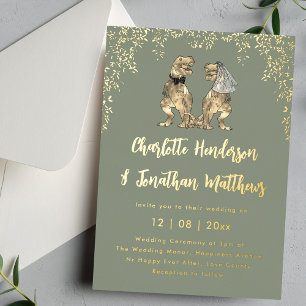 Dinosaur Bride & Groom Wedding Sage Green & Gold Foil Invitation