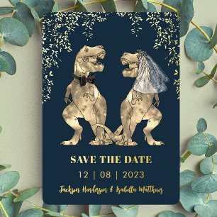 Dinosaur Bride & Groom Wedding Save the Date Gold Foil Invitation