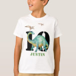 Dinosaur Brontosaurus T-Shirt<br><div class="desc">A bold dinosaur Brontosaurus with flying Pterodactyls birthday tee. Great for ages 10 and up. Bold green watercolor dinosaur. Add you name and age.</div>