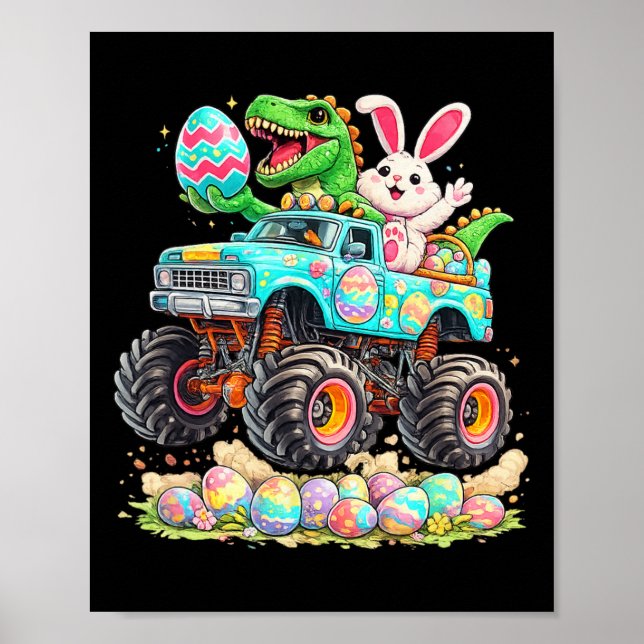Dinosaur Bunny With Truck Easter Funny Egg Hunt Ki Poster (Front)