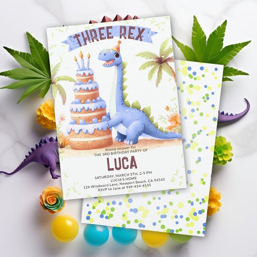 Dinosaur Cake Three Rex Watercolor Boy Birthday Invitation