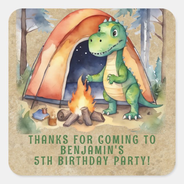 Dinosaur Campout Birthday Party Favor Square Sticker (Front)